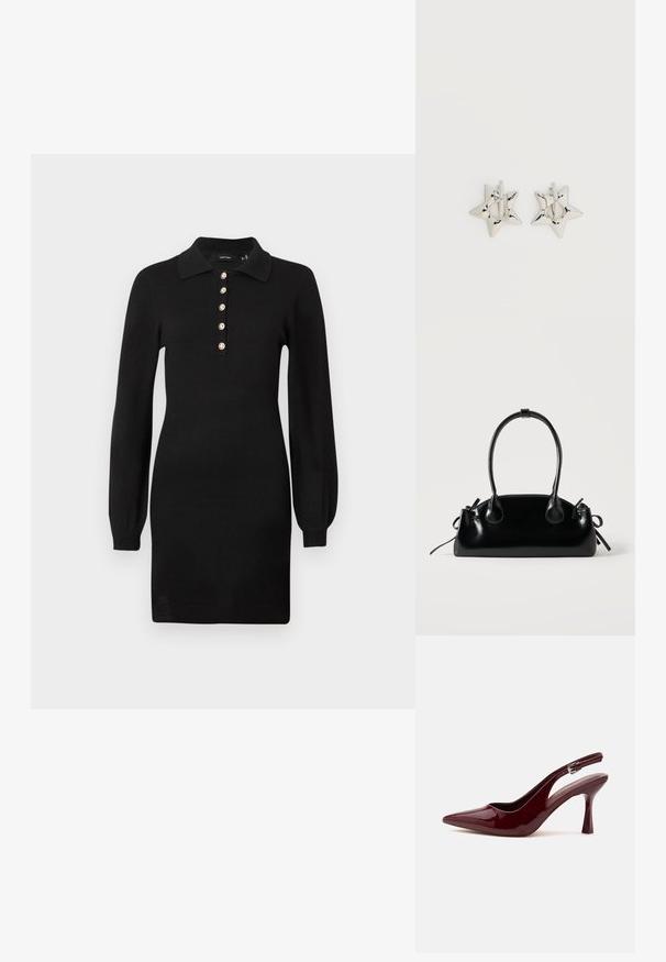 Sort strikket kjole med lange ærmer, krave og fem guldknapdetaljer foran. Slim fit med en glat tekstur.; Skinnende mørkerød spids tå slingback højhælet sko med en tynd justerbar rem og spids stilethæl på hvid baggrund.; Lille sort blank håndtaske med to lange håndtag og snøre-detaljer i siden på en ensfarvet lys baggrund.; Sølv stjerneformede øreringe med en glat, poleret finish på en ensfarvet hvid baggrund.
