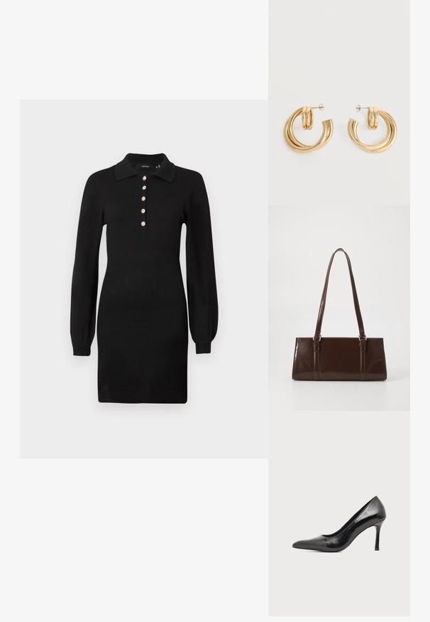 Robe en tricot noir avec des manches longues, un col et cinq accents de boutons dorés le long du devant. Coupe ajustée avec une texture lisse.; Chaussure à talon haut pour femme en cuir verni noir avec bout pointu et talon fin sur fond clair uni.; Sac à main en cuir verni marron de forme rectangulaire, avec deux longues poignées et des accents courbés subtils à l'avant.; Paire de boucles d'oreilles créoles doubles en or brillant avec attaches à tige sur fond blanc.
