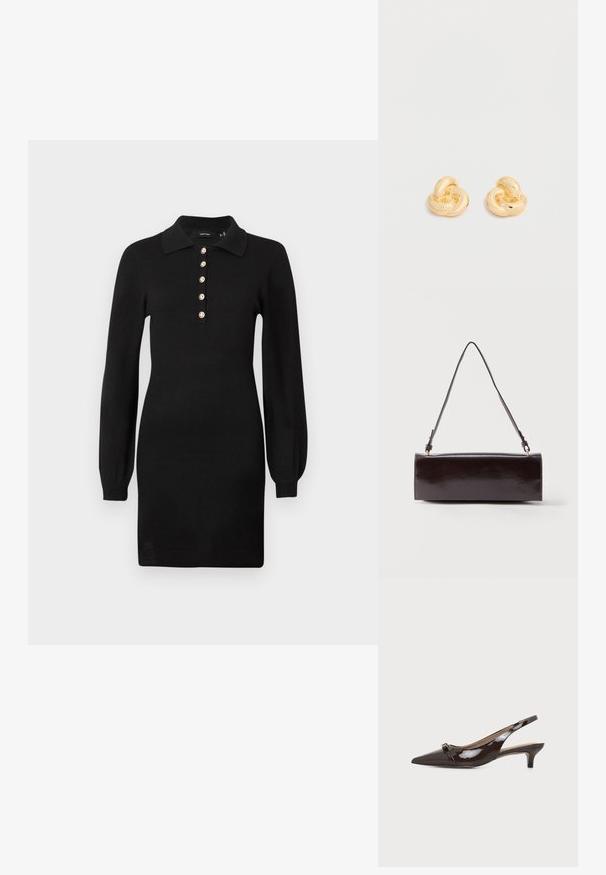 Robe en tricot noir avec des manches longues, un col et cinq accents de boutons dorés le long du devant. Coupe ajustée avec une texture lisse.; Chaussure slingback brillante marron foncé à bout pointu, petit talon kitten et petite boucle décorative sur la bride avant.; Sac à main rectangulaire en cuir noir avec une longue bandoulière unique et une finition brillante, présenté sur un fond blanc uni.; Paire de clous d'oreilles en forme de nœud, couleur or brillant, sur un fond blanc uni.