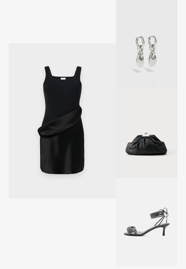 Sort kjole med en ribbet tanktop med firkantet udskæring og en glat, draperet satin skørt. Designet kombinerer kontrasterende teksturer.; Grå læder sandal med hæl, knyttet rem ved tæerne og snørebånd, der vikles om anklen, på slank mellemhøj hæl mod hvid baggrund.; Sort læderclutch med en samlet tekstur, metal lukning og diskret præget logo på forsiden. Rundet form.; Sølvøreringe med forlængede ovale led, der har en poleret overflade og en struktureret dråpevedhæng. Enkel design med glatte kanter.