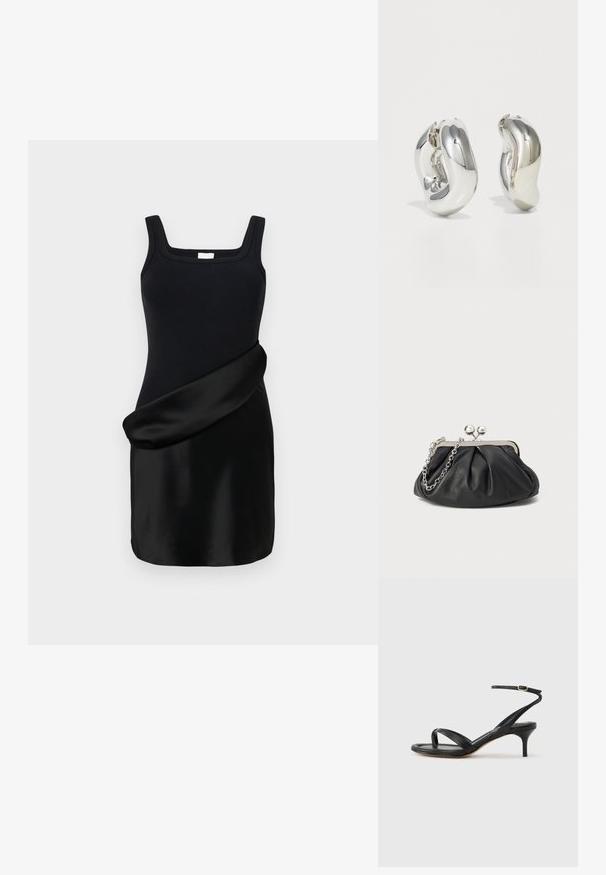 Sort kjole med en ribbet tanktop med firkantet udskæring og en glat, draperet satin skørt. Designet kombinerer kontrasterende teksturer.; Sort damesandal i læder med tynde remme, en tå-loop, ankelspænde og en mellemhøj stiletthæl på en neutral baggrund.; Sort læder clutch med samlet tekstur, sølvfarvet metalramme, kys-lås lukning og kædestrop. Glat, blød overflade.; Sølvskulpturelle øreringe med glatte, buede former og reflekterende overflader. Har et lukket hoop-design og en markant organisk form.