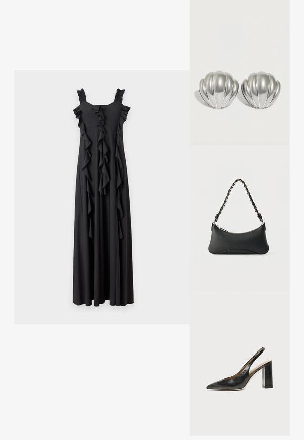 Sort maxi-kjole med volangdetaljer, firkantet udskæring og samlede stropper. Fremstillet af blødt stof, har den lodrette volanger ned langs forsiden.; Sort læder peep-toe slingback sko med høj blokhæl og beige indvendig foring mod en ensfarvet lys baggrund.; Sort skuldertaske i læder med en buet rektangulær form, gyldent kæde vævet ind i en flettet sort rem og toplynlås.; To sølvfarvede kompakte spejle formet som muslingeskaller med ribbede detaljer, placeret side om side på en hvid baggrund.