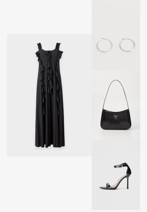 Sort maxi-kjole med volangdetaljer, firkantet udskæring og samlede stropper. Fremstillet af blødt stof, har den lodrette volanger ned langs forsiden.; Sort højhælet sandal i laklæder med ankelrem. Har minimalistisk design, åben tå og spænde med rhinsten-detaljer.; Sort patenteret læder skuldertaske med en buet form, prydet med et sølvfarvet trekantet logo og en lynlås-lukning. Glat tekstur og slank rem.; Sølvfarvede metaloorringe med glat, let buet overflade og låsemekanisme på en ensfarvet hvid baggrund.