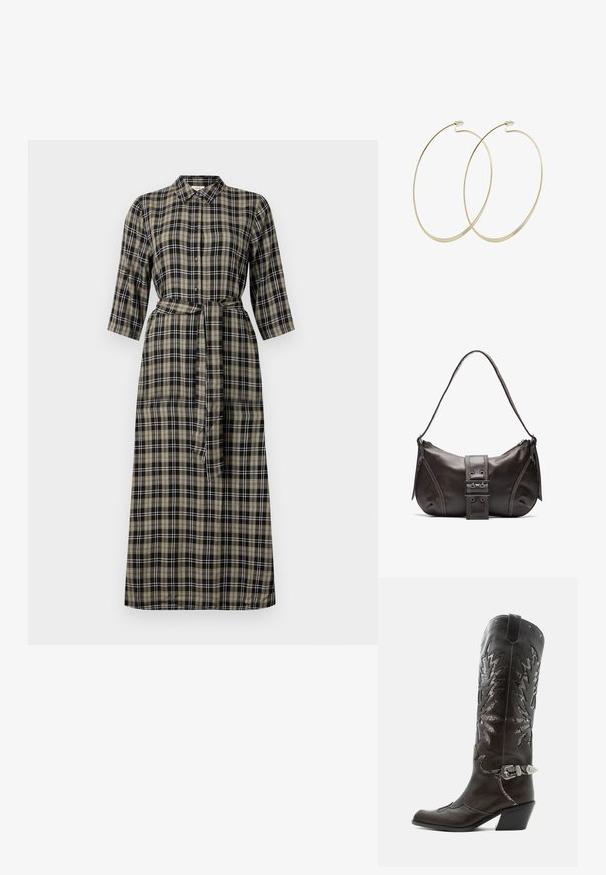 Lang geruit jurk met een kraag, knoopsluiting aan de voorkant, driekwartmouwen en een strik taille. Kleuren zijn zwart, beige en wit.; Zwarte leren cowboylaars met decoratieve uitsnijdingen, zilveren gesp en schuine hak, weergegeven op een witte achtergrond.; Bruine leren schoudertas met een gebogen vorm, voorzien van een opvallende gespdetail, contrasterende stiksels en een enkele schouderband.; Pilgrim Oorbellen - gold-coloured