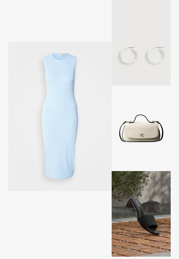 Lysblå, ærmeløs midikjole i en tætsiddende design, lavet af glat stof med et subtilt logo broderet på brystet.; Sort åben tå mule fra Calvin Klein med blokhæl på trægulv, udendørs omgivelser med sløret grønt og betonbaggrund.; Cremefarvet rektangulær håndtaske med sort rem og håndtag, foran klaplukning samt lille sølvfarvet "cK" logo midt foran.; Par mellemstore skinnende sølv hoops øreringe med tynde metal spænder på en lys neutral baggrund.