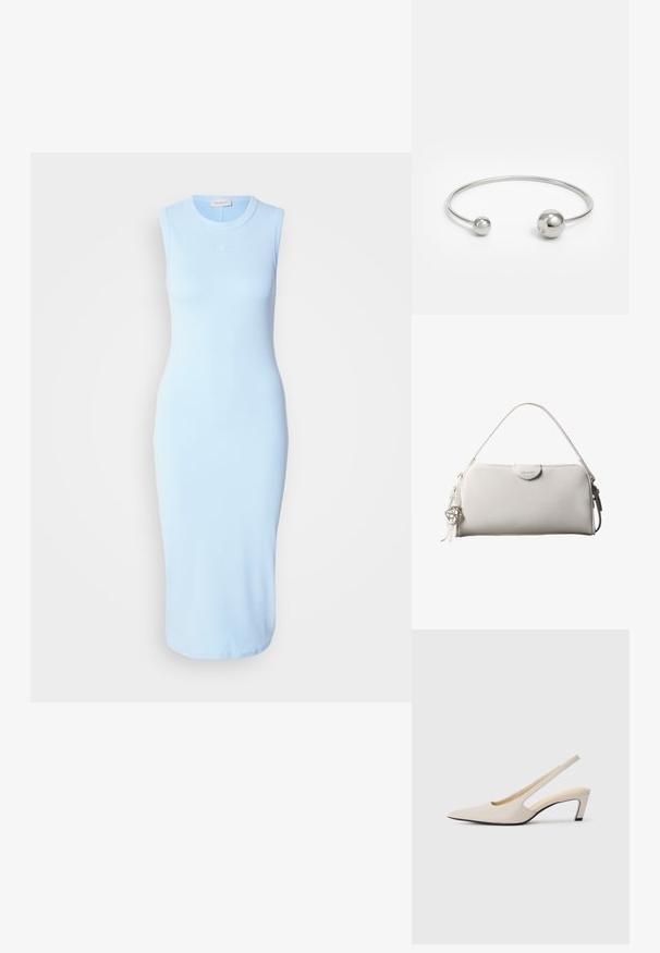 Hellblaues, ärmelloses Midikleid in taillierter Form, aus glattem Stoff mit dezentem Logo, das auf der Brust gestickt ist.; Beige Slingback-Pumps mit spitzer Kappe, offenen Seiten und kleinem Blockabsatz. Glatte Lederstruktur und minimalistisches Design.; Weiße rechteckige Calvin Klein Handtasche mit einem einzelnen Henkel, minimalistischem Design und dekorativen Quasten mit geometrischem Metallanhänger an der Seite.; Silberner Metallarmreif mit zwei kugelförmigen Akzenten an jedem Ende, glatte Oberfläche, offenes Design und schlanker, minimalistischer Form.