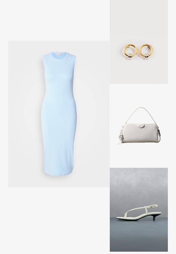 Hellblaues, ärmelloses Midikleid in taillierter Form, aus glattem Stoff mit dezentem Logo, das auf der Brust gestickt ist.; Weiße Riemchenpantolette mit kitten heel und spitz zulaufender Zehenpartie, schwebt über einem Holzkachelboden im Freien mit verschwommenem Pflanzen- und Wandhintergrund.; Weiße rechteckige Calvin Klein Handtasche mit einem einzelnen Henkel, minimalistischem Design und dekorativen Quasten mit geometrischem Metallanhänger an der Seite.; Goldene runde Ohrringe mit jeweils zwei kleinen silbernen Ringen, die dezent gravierte Markennamen zeigen, vor weißem Hintergrund platziert.