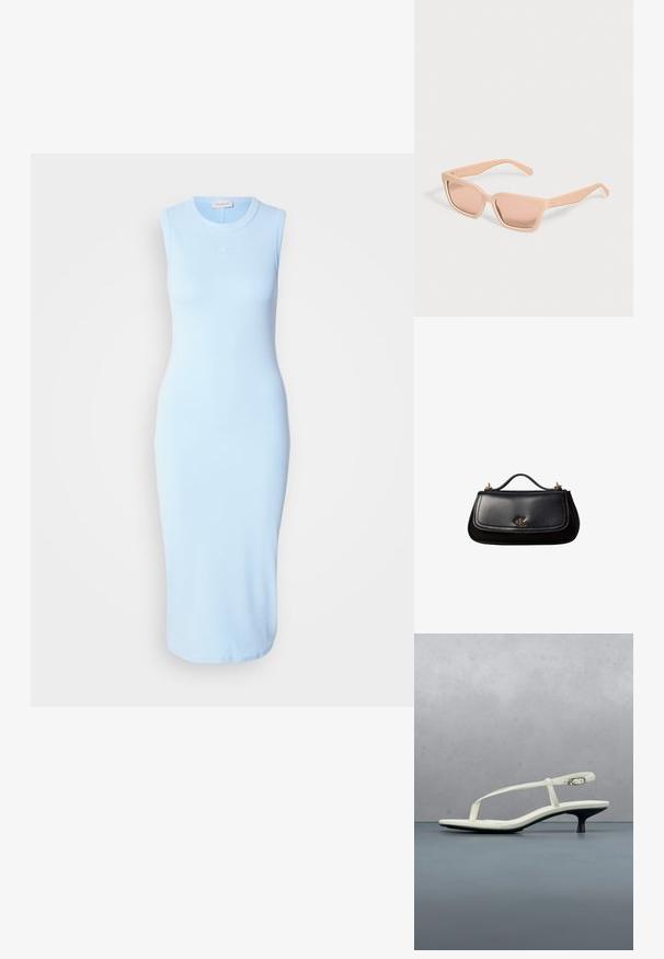 Hellblaues, ärmelloses Midikleid in taillierter Form, aus glattem Stoff mit dezentem Logo, das auf der Brust gestickt ist.; Weiße Riemchenpantolette mit kitten heel und spitz zulaufender Zehenpartie, schwebt über einem Holzkachelboden im Freien mit verschwommenem Pflanzen- und Wandhintergrund.; Rechteckige Sonnenbrille in Hellpfirsich mit dicken Rahmen und passenden getönten Gläsern vor hellem, einfarbigem Hintergrund.; Schwarze Lederhandtasche mit kleinem Griff, goldfarbenem "cK" Logo auf der Frontklappe und goldfarbenen Hardware-Akzenten.