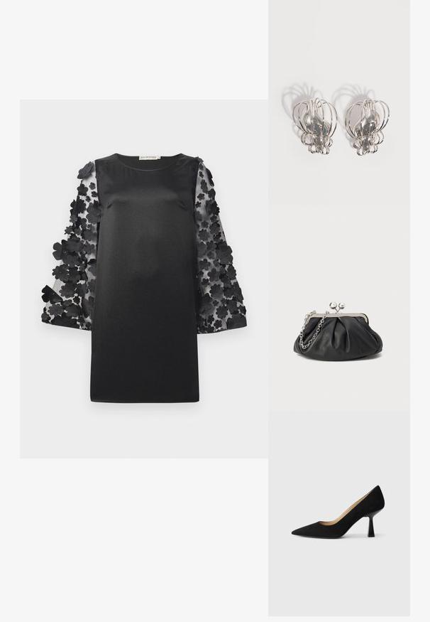 Robe noire avec un corps lisse et des manches transparentes ornées d'appliqués floraux superposés. Encolure ronde et coupe décontractée.; Pompe à talons hauts en suède noir avec un bout pointu, dotée d'un talon bloc noir brillant et d'une doublure intérieure lisse.; Porte-monnaie en cuir noir avec texture froncée, cadre en métal argenté, fermeture à verrouillage kiss-lock et bandoulière en chaîne. Surface lisse et douce.; Paire de boucles d'oreilles en métal argenté avec un design en cage à fil ouvert et des formes ovales centrales lisses projetant des ombres courbes sur un fond blanc.
