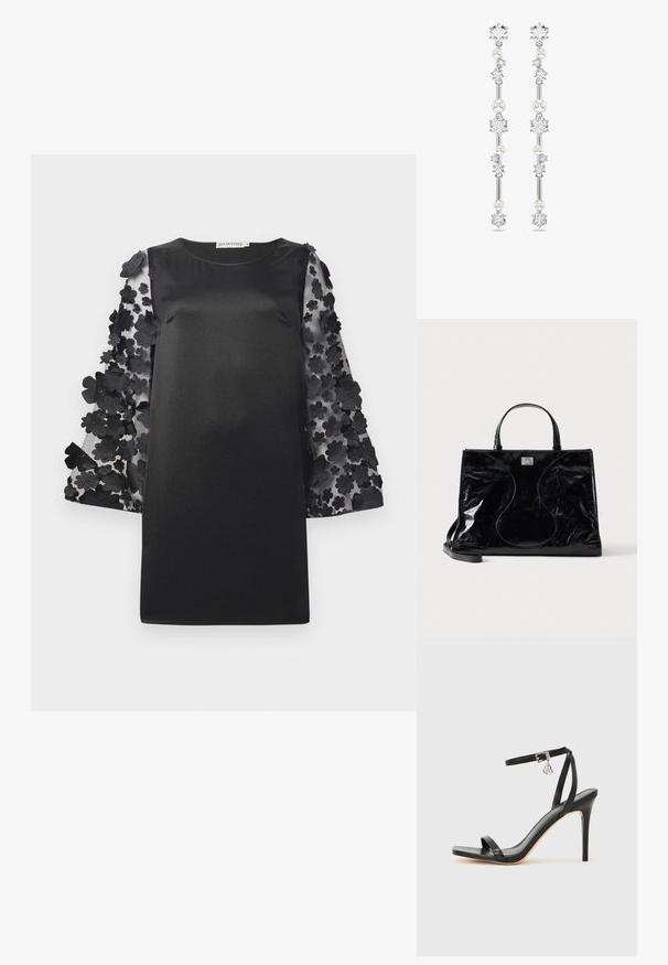 Robe noire avec un corps lisse et des manches transparentes ornées d'appliqués floraux superposés. Encolure ronde et coupe décontractée.; Sandale à talon haut noire avec une bride étroite à la cheville, bout carré, cuir lisse et accent de boucle métallique.; Sac à main en cuir noir brillant avec poignées courtes, bandoulière amovible et détails de couture discrètement courbés à l’avant.; De longues boucles d'oreilles en argent ornées de cristaux clairs alternés et de perles blanches, avec un design symétrique et des détails délicats.