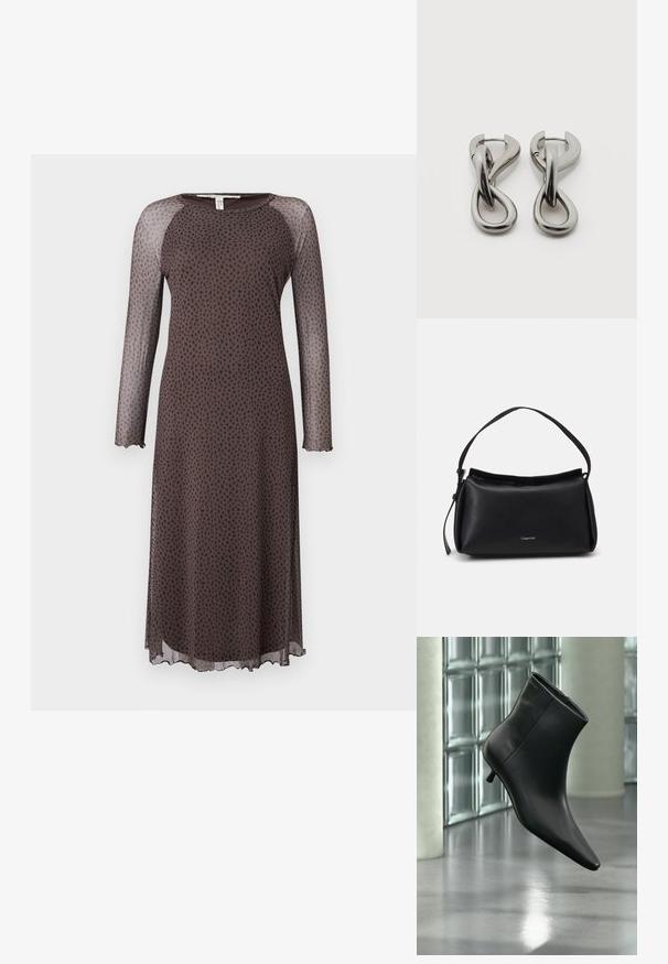Vestido midi marrón con mangas largas y transparentes, que presenta un patrón de puntos negros dispersos, escote redondo y dobladillo con forma de ondas. Textura suave.; Botín negro de cuero con punta puntiaguda y tacón bajo estilo kitten, mostrado en ángulo sobre un suelo pulido y con una pared de bloques de vidrio de fondo.; Bolso de mano de cuero negro con una forma curva, una sola correa y un cierre de cremallera en la parte superior. Presenta un logo sutil en la parte delantera para la marca.; Par de pendientes de metal con acabado plateado y diseño abstracto de bucles entrelazados sobre un fondo blanco.