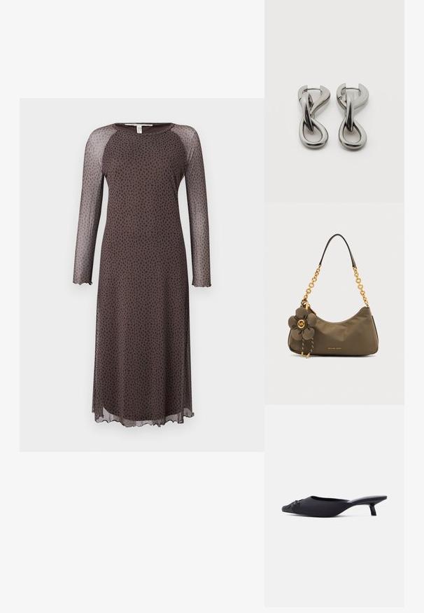 Braunes Midi-Kleid mit langen durchsichtigen Ärmeln, das ein verstreutes Muster aus schwarzen Punkten aufweist, einen runden Halsausschnitt und einen gewellten Saum hat. Glatte Textur.; Schwarzer Mule-Schuh für Frauen mit spitz zulaufender Schuhspitze, Obermaterial aus Stoff, kleinem Kitten-Heel und einer dekorativen Schleife vorne, seitlich dargestellt.; Kleine olivgrüne Handtasche mit goldener Kettenriemen und Blumenanhänger, mit Michael Kors Logo auf der Vorderseite.; Paar silberfarbene Metallohrringe mit abstraktem ineinandergreifendem Schlaufen-Design auf weißem Hintergrund.