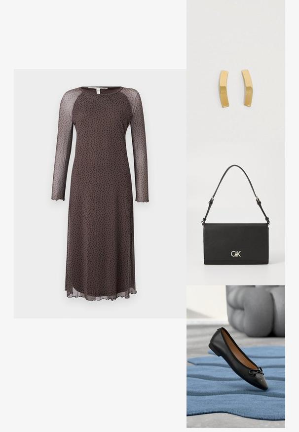 Braunes Midi-Kleid mit langen durchsichtigen Ärmeln, das ein verstreutes Muster aus schwarzen Punkten aufweist, einen runden Halsausschnitt und einen gewellten Saum hat. Glatte Textur.; Schwarzer Ballettflachschuh aus Leder mit abgerundeter Spitze, glänzend schwarzer Kappe und Schleifenakzent. Verfügt über eine gepolsterte Innensohle und einen niedrigen Absatz.; Schwarze Leder-Crossbody-Tasche mit glatter Textur, Klappverschluss und silbernem Logo-Akzent. Mit verstellbarem Schultergurt.; Ohrringe aus goldfarbenem Metall mit einem geschwungenen, elongated Design. Die Oberfläche ist glatt und poliert und zeigt einen minimalistischen Stil.