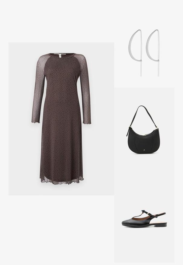 Vestido midi marrón con mangas largas y transparentes, que presenta un patrón de puntos negros dispersos, escote redondo y dobladillo con forma de ondas. Textura suave.; Zapato plano slingback de cuero negro con T-correa y hebilla dorada sobre fondo neutro.; Bolso de mano de cuero negro con forma curva, superficie texturizada, costuras frontales y un logo en tono dorado. Cuenta con una sola correa ajustable.; Pendientes de metal plateado con un diseño curvado minimalista, que presentan formas de lágrima abiertas y alargadas con un acabado mate.