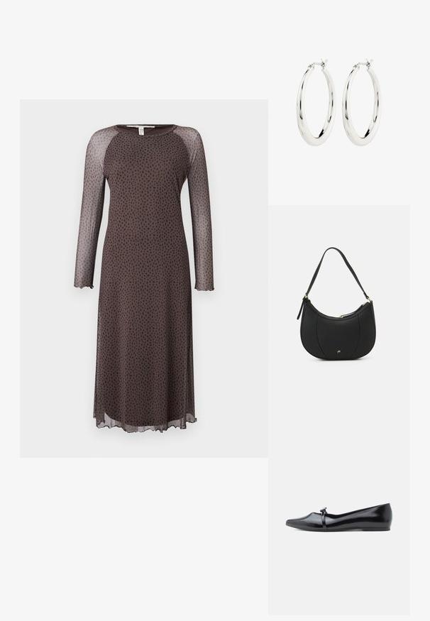 Vestido midi marrón con mangas largas y transparentes, que presenta un patrón de puntos negros dispersos, escote redondo y dobladillo con forma de ondas. Textura suave.; Bailarina de charol negro con punta afilada, correa decorativa y textura lisa. Diseño minimalista sin adornos visibles.; Bolso de mano de cuero negro con forma curva, superficie texturizada, costuras frontales y un logo en tono dorado. Cuenta con una sola correa ajustable.; Pendientes de aro de plata con un acabado suave y brillante. Forma circular, con un cierre seguro. Diseño sencillo y elegante.