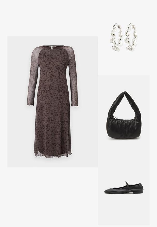 Vestido midi marrón con mangas largas y transparentes, que presenta un patrón de puntos negros dispersos, escote redondo y dobladillo con forma de ondas. Textura suave.; Bailarinas de cuero negro con punta redonda, escote estrecho y una pequeña correa en el tobillo con una hebilla circular. Suela baja y plana.; Bolso de hombro de cuero negro con un diseño holgado, que presenta un asa anudada distintiva y un cierre con cremallera. Textura suave en toda la superficie.; Pendientes de aro de plata retorcida con un acabado liso y reflectante y un cierre seguro. El diseño presenta un patrón en espiral para un detalle adicional.