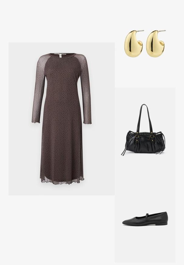 Bruine midi-jurk met lange doorzichtige mouwen, voorzien van een verspreid zwart stippenpatroon, ronde halslijn en een geschulpte zoom. Soepele textuur.; Zwarte balletschoenen van soepel leer, met een ronde neus, een klein bandje over de bovenkant en een minimalistisch ontwerp.; Zwarte leren handtas met een afgeronde vorm, dubbele handvatten, decoratieve hardware accenten en details met zijstrikken. Smooth, glanzende textuur.; Gouden studs met een gladde, gepolijste afwerking, in een abstracte, druppelvorm. Eenvoudige metalen achterzijde voor bevestiging.