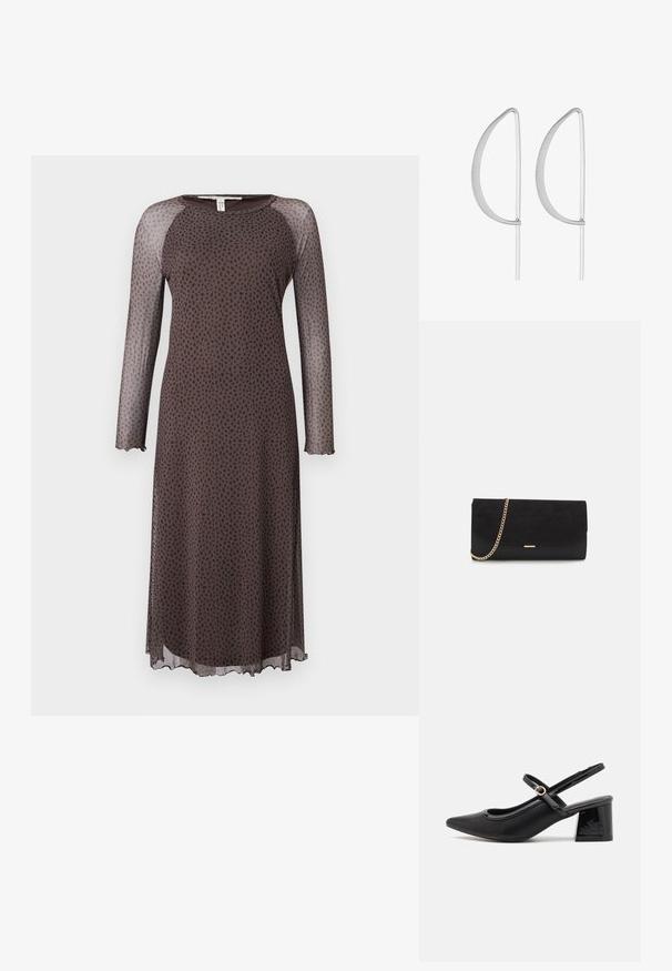Bruine midi-jurk met lange doorzichtige mouwen, voorzien van een verspreid zwart stippenpatroon, ronde halslijn en een geschulpte zoom. Soepele textuur.; Zwarte gepolijste leren slingback hakken met een spitse neus, een ronde uitsnede en een blokhak. Voorzien van een gouden gespaccent.; Zwarte clutch tas gemaakt van suede met een textuurafwerking, voorzien van een gouden schouderband en een strakke, hoekige vorm.; Zilveren metalen oorbellen met een minimalistisch gebogen ontwerp, met uitgerekte, open druppelvormen en een matte afwerking.