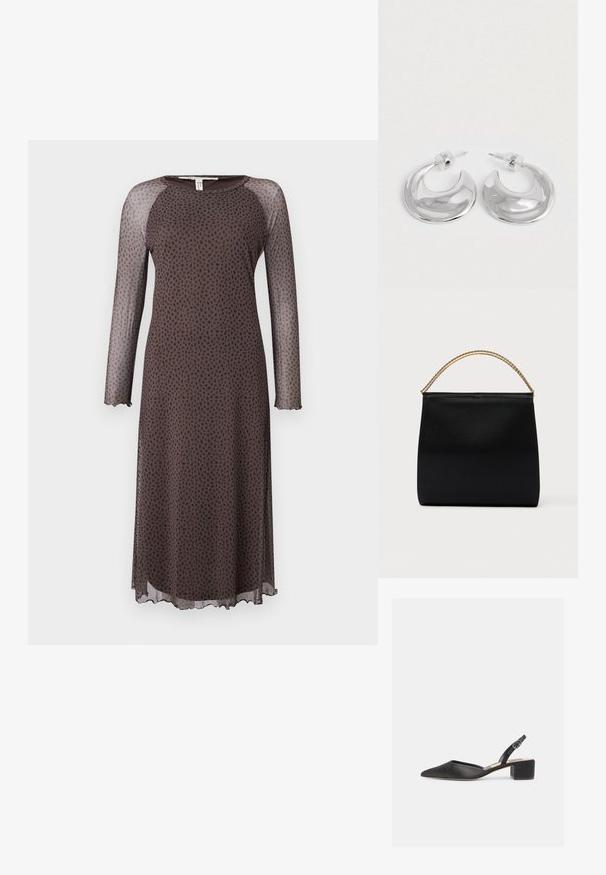 Vestido midi marrón con mangas largas y transparentes, que presenta un patrón de puntos negros dispersos, escote redondo y dobladillo con forma de ondas. Textura suave.; Zapato negro de punta puntiaguda con tiras traseras ajustables, tacón bajo tipo bloque y hebilla ajustable, sobre fondo blanco.; Bolso negro de tela suave, con forma estructurada, asa de cadena dorada y diseño geométrico minimalista.; Un par de pendientes de aro en forma de media luna pulidos en plata, con respaldos de plástico transparente, sobre una superficie blanca.