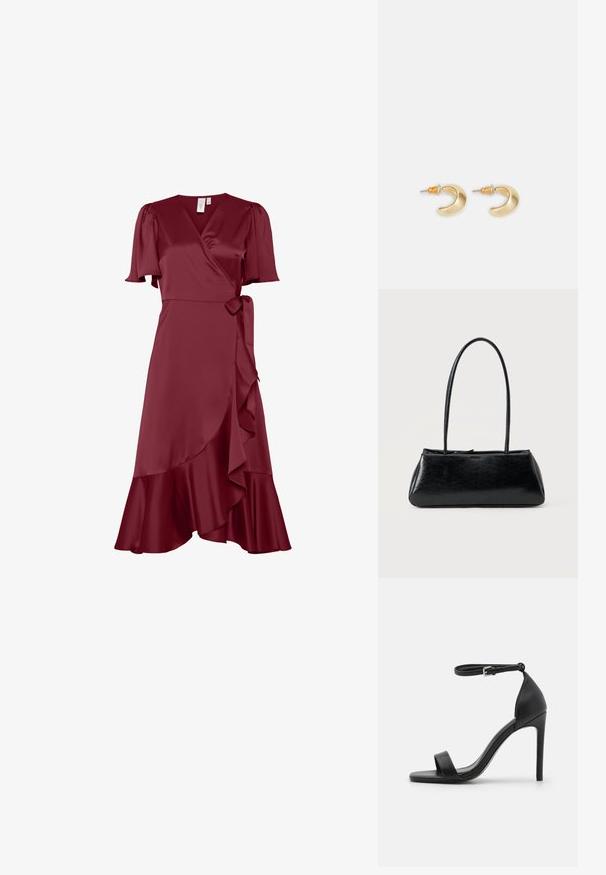 Robe portefeuille en satin bordeaux avec des manches courtes bouffantes, un lien sur le côté et un ourlet à volants. Texture lisse avec une silhouette flatteuse.; Sandale noire à talons hauts au design épuré, avec une bride au niveau de la cheville, un bout ouvert et une texture en cuir lisse.; Sac à épaule rectangulaire noir avec de longues bretelles fines et une texture lisse et brillante sur un fond uni.; Boucles d'oreilles en forme de croissant en or avec une finition lisse, présentant des accents orange près du clou et un matériel en argent.