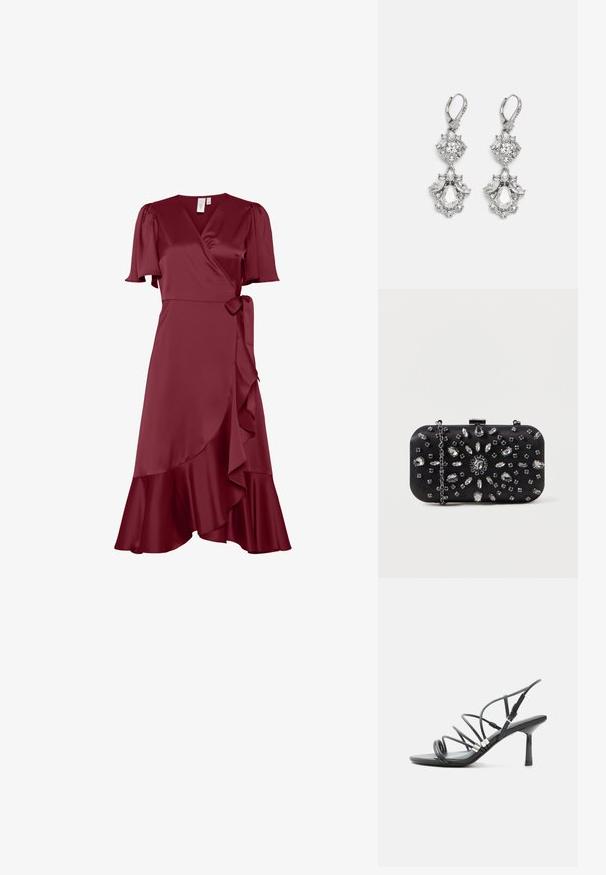 Robe portefeuille en satin bordeaux avec des manches courtes bouffantes, un lien sur le côté et un ourlet à volants. Texture lisse avec une silhouette flatteuse.; Sandale noire à talon haut avec fines lanières courbées, accents argentés et boucle de cheville réglable sur fond blanc.; Pochette noire de forme rectangulaire, ornée de divers strass disposés en motifs floraux, dotée d'une chaîne en argent pour le transport.; Boucles d'oreilles en métal argenté ornées de plusieurs pierres précieuses en cristal transparent en forme de goutte et de marquise, avec des fermoirs à levier et des détails complexes.