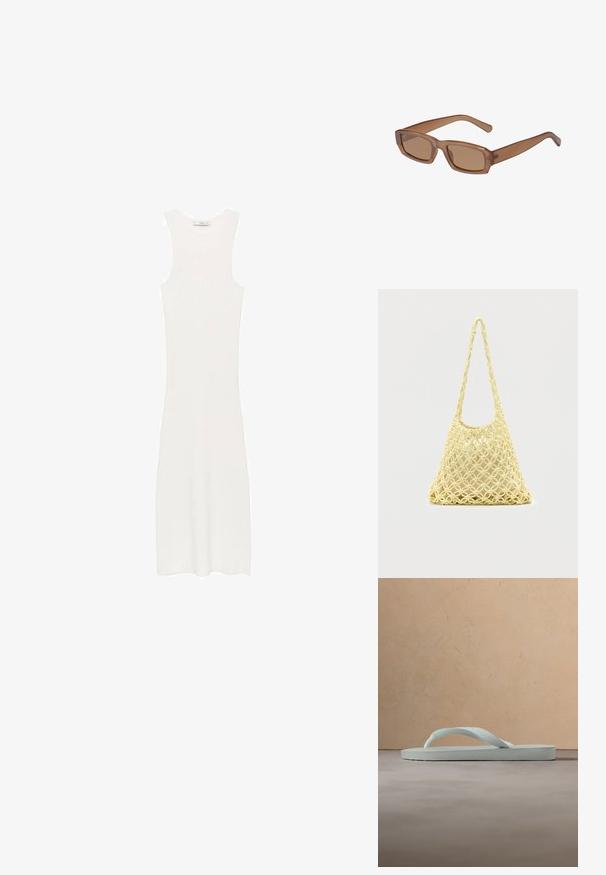 Witte, mouwloze, geribbelde gebreide jurk met een aansluitende pasvorm, die net onder de knieën komt. Eenvoudig en minimalistisch ontwerp, zonder patronen of hardware.; Enkele lichtbeige rubberen teenslipper met een getextureerd voetbed en Y-vormige band op een effen grijze achtergrond.; Bruine, rechthoekige zonnebril met een transparant montuur, slanke pootjes en getinte lenzen, met een gladde textuur en modern ontwerp.; Gele macramé net tas met lange band en beige tasje erin, getoond op een effen witte achtergrond.