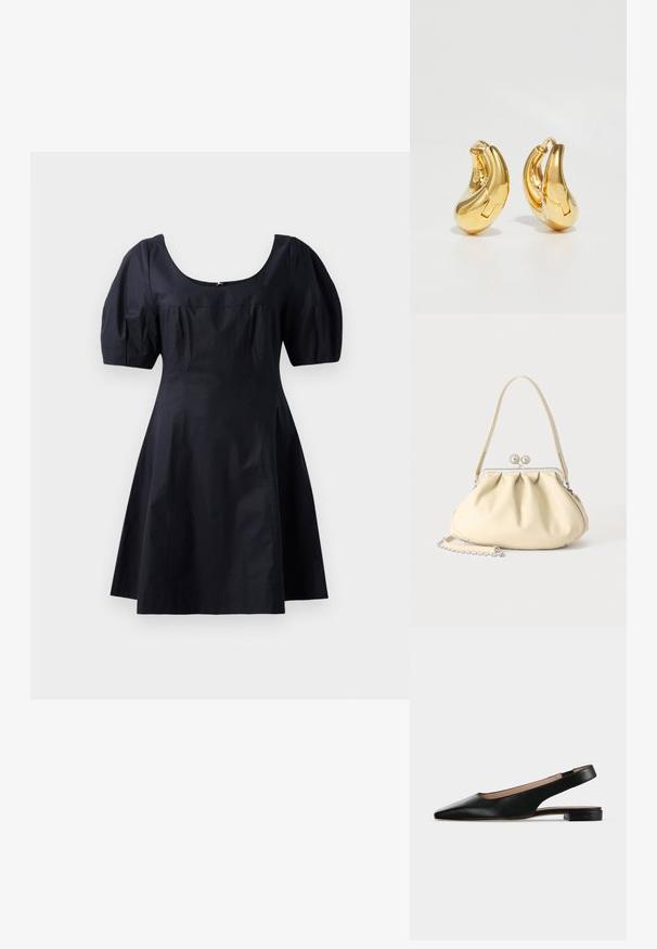 Robe en coton noir avec des manches bouffantes, un décolleté en rond et un corsage ajusté se prolongeant en jupe évasée. Couleur unie, texture lisse.; Chaussure plate en cuir noir avec bride arrière, bout pointu et petit talon carré sur fond blanc.; Sac à main en cuir souple couleur crème avec un design froncé, fermoir cadre argenté, poignée courte et bandoulière chaîne amovible.; Boucles d'oreilles en or en forme de d'anneaux lisses et courbés avec une finition polie. Équipées d'un mécanisme de fermeture et de légères indentations pour le détail.