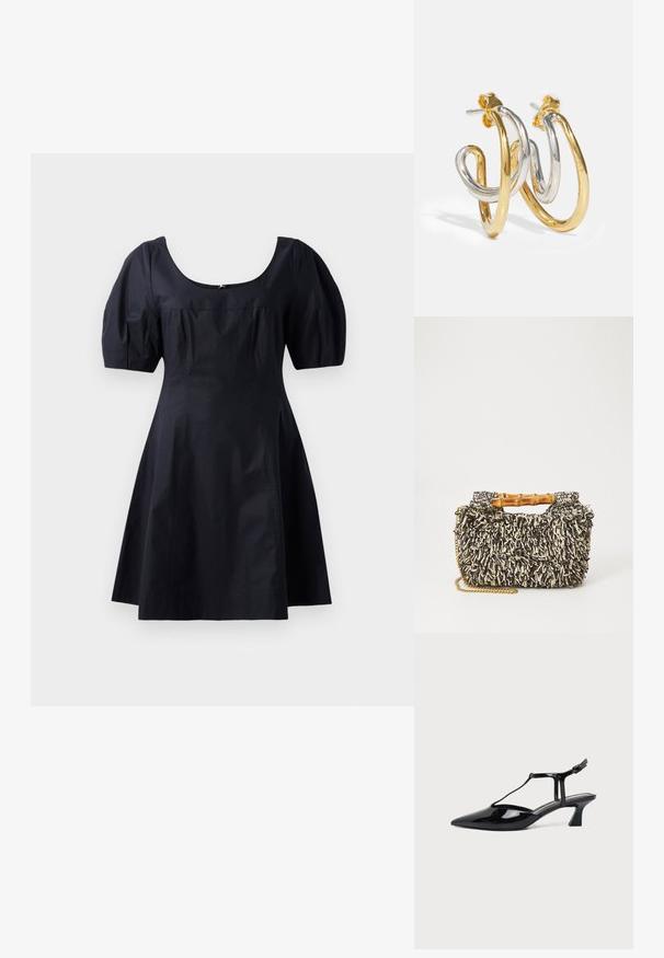 Robe en coton noir avec des manches bouffantes, un décolleté en rond et un corsage ajusté se prolongeant en jupe évasée. Couleur unie, texture lisse.; Chaussure slingback en cuir verni noir à bout pointu avec bride en T et petit talon bloc incliné sur fond blanc.; Sac tissé avec un motif texturé noir et crème, une poignée en bambou et une bandoulière en chaîne dorée amovible. Forme rectangulaire compacte.; Boucles d'oreilles en créoles entrelacées en or et en argent avec des finitions lisses et brillantes ; elles disposent d'un fermoir à tige pour un port sécurisé.