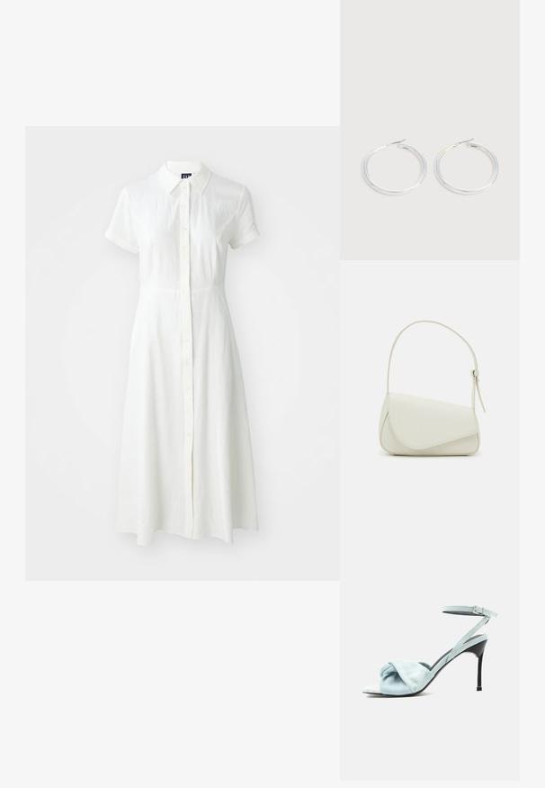Robe blanche à manches courtes avec un col, un devant à boutons et une forme évasée. Fabriquée dans un tissu léger et texturé.; Sandale à talon haut en daim bleu clair avec bride frontale nouée et fine bride de cheville à boucle sur un talon aiguille noir.; Sac à main en cuir synthétique blanc avec une forme triangulaire structurée, une bandoulière unique réglable et un rabat à courbes accentuées.; Paire de boucles d'oreilles créoles argentées brillantes avec fermoirs en fil fin, présentée sur un fond gris clair.