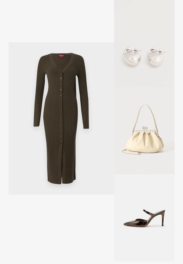 Cardigan long en rib cordé khaki avec un col en V et des manches longues, doté de boutons marron sur le devant et d'une fente en bas.; Mule à talon haut marron foncé brillant à bout pointu avec une fine bride sur le coup de pied sur fond blanc uni.; Sac à main en cuir souple couleur crème avec un design froncé, fermoir cadre argenté, poignée courte et bandoulière chaîne amovible.; Paire de boucles d'oreilles argentées brillantes et épaisses avec fermoirs à tige, sur fond blanc uni.