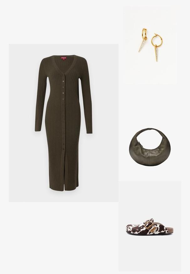 Lang, khaki ribbet cardigan med V-hals og lange ærmer, der har brune knapper langs forsiden og en slids i bunden.; Slip-on clog med brun og hvid ko-mønster, stor guldbøjle og korksål.; Mørk olivengrøn læderhåndtaske i halvmåneform med en enkelt lynlåslukning langs den øverste kant og et kort håndtag.; Missoma PAVE SPIKE MINI DROP CHARM HOOP - Øreringe - gold-coloured