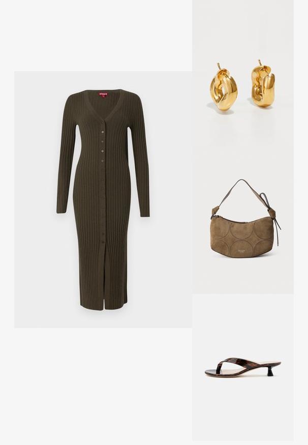 Cardigan long en rib cordé khaki avec un col en V et des manches longues, doté de boutons marron sur le devant et d'une fente en bas.; Sandale à talon kitten écaille de tortue marron avec bride entre les orteils et bout carré sur un fond clair uni.; Sac d'épaule en daim marron avec des motifs de couture circulaires et une fermeture éclair, doté d'une poignée unique avec des détails noués sur un côté.; Boucles d'oreilles créoles en or massif avec un design tubulaire légèrement tordu et des fermoirs à tige sur un fond blanc.
