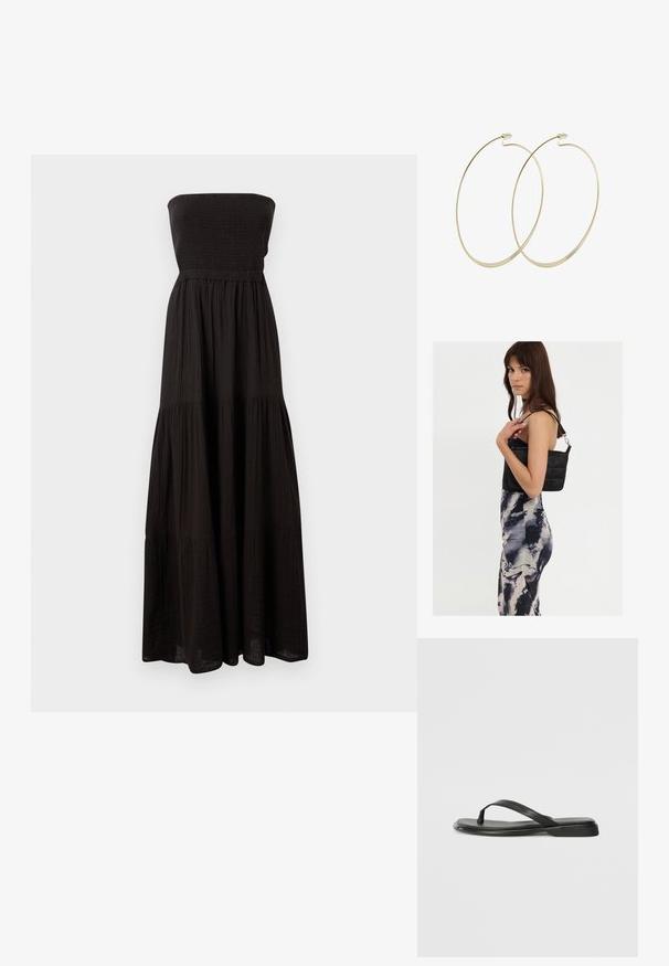 Zwarte strapless maxi-jurk van getextureerde stof, met een smock-bodice en gelaagde roksecties, die een vloeiende silhouet biedt.; Zwarte teenflip-flop van glad leer, met een dunne band en een platte zool met een minimalistisch profiel. Geen opvallende patronen of accenten.; Zwarte gewatteerde schoudertas met een enkele strap en zilveren hardware, gecombineerd met een fitted, tie-dye patroon jurk in tinten zwart en crème.; Pilgrim Oorbellen - gold-coloured