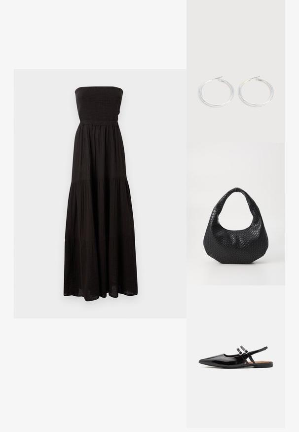 Zwarte strapless maxi-jurk van getextureerde stof, met een smock-bodice en gelaagde roksecties, die een vloeiende silhouet biedt.; Zwarte gepatineerde leren slingback schoenen hebben een spitse neus, twee banden met gespsieraden en een platte zool.; Zwarte geweven handtas met een gebogen handvat, met een gestructureerd oppervlak en een slouchy vorm. Gladde afwerking met een organische silhouette.; Een paar glanzende zilveren oorringen met dunne draadafsluitingen, getoond op een lichtgrijze achtergrond.