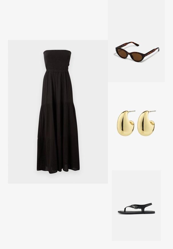 Vestido maxi negro sin tirantes hecho de tela texturizada, con un corsé fruncido y secciones de falda en capas, que proporciona una silueta fluida.; Sandalia plana negra con correa al tobillo, separador de dedo y hebilla plateada sobre suela lisa, vista lateral sobre fondo blanco.; Gafas de sol de carey marrón con una forma vintage de ojo de gato y lentes marrones. Presentan brazos curvados con acentos rojos.; Pendientes de stud en tono dorado con una superficie suave y pulida, que presentan una forma abstracta en forma de lágrima. Hardware de metal simple para la sujeción.