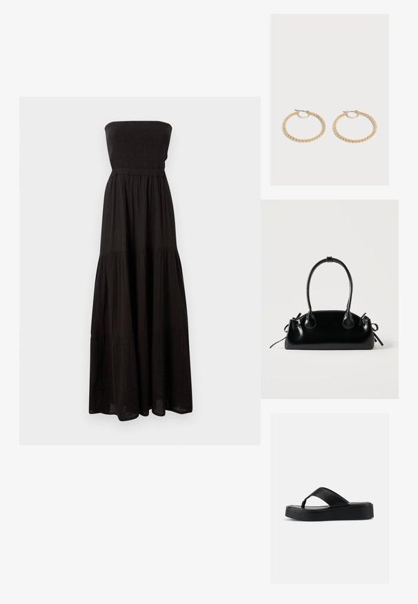 Μαύρο strapless maxi φόρεμα φτιαγμένο από υφασμάτινο υλικό, με σφηνοειδή μπούστο και διαστρωμένα τμήματα φούστας, προσφέροντας ρέουσα σιλουέτα.; Μαύρο σανδάλι πλατφόρμας με ευρύ δερμάτινο λουράκι και μαλακή σόλα, εμφανιζόμενο σε πλαϊνή όψη σε απλό φωτεινό φόντο.; Μικρή μαύρη γυαλιστερή τσάντα με δύο μακριές λαβές και λεπτομέρειες με ρυθμιζόμενο κορδόνι στο πλάι σε απλό ανοιχτό φόντο.; Ζεύγος μεσαίου μεγέθους χρυσούς κρίκους σκουλαρίκια με υφή και σχεδιασμό από χάντρες σε απλό ανοιχτό φόντο.