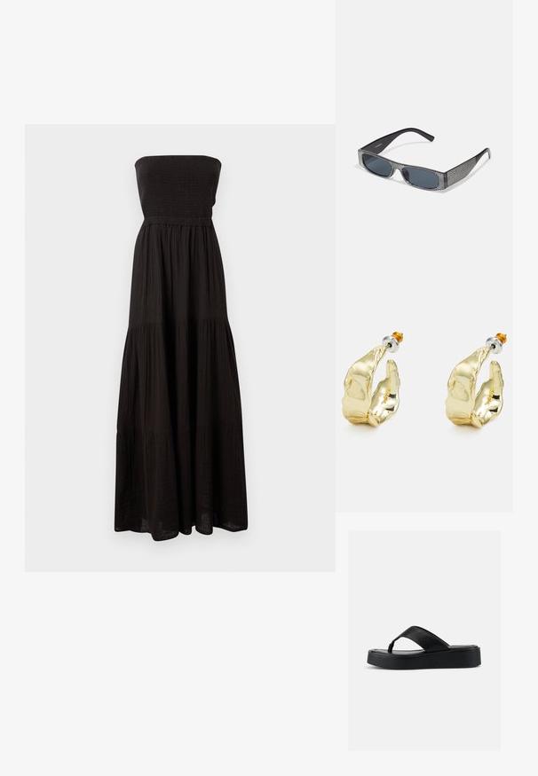 Robe maxi sans bretelles noire en tissu texturé, dotée d'un corsage smocké et de sections de jupe à volants, offrant une silhouette fluide.; Tongs à plateforme noire avec large bride en cuir et semelle rembourrée, vues de côté sur un fond clair uni.; Lunettes de soleil noires avec des verres gris, ornées d'un motif en grille de petits rhinestones métalliques le long des montures. Fini lisse, design angulaire.; Boucles d'oreilles dorées en forme de mains abstraites, avec une surface brillante, des détails complexes et un fermoir en argent et or pour un maintien sécurisé.
