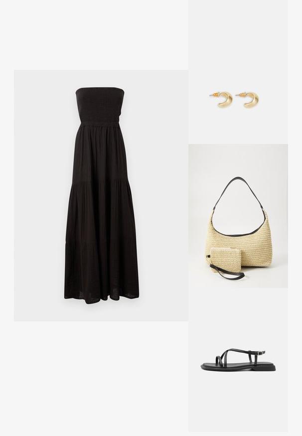 Robe maxi sans bretelles noire en tissu texturé, dotée d'un corsage smocké et de sections de jupe à volants, offrant une silhouette fluide.; Sandales plates noires avec de fines brides réglables, un entre-doigt rectangulaire et une finition mate texturée. Elles présentent un talon bas légèrement carré.; Sac à main en paille tissée avec une silhouette courbée, doté d'une bandoulière en cuir noir lisse et d'une petite pochette assortie attachée par une sangle pour le poignet.; Boucles d'oreilles en forme de croissant en or avec une finition lisse, présentant des accents orange près du clou et un matériel en argent.