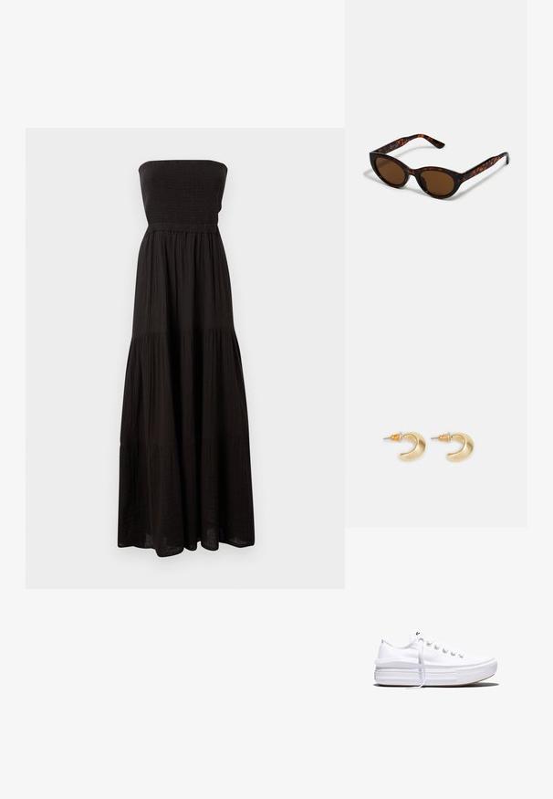 Μαύρο strapless maxi φόρεμα φτιαγμένο από υφασμάτινο υλικό, με σφηνοειδή μπούστο και διαστρωμένα τμήματα φούστας, προσφέροντας ρέουσα σιλουέτα.; Λευκό καμβαδένιο αθλητικό παπούτσι χαμηλού προφίλ με παχιά σόλα τύπου πλατφόρμας, δέσιμο με κορδόνια μπροστά και λαστιχένιο καπάκι δακτύλων με υφή, απεικονίζεται σε πλευρικό προφίλ.; Καφέ γυαλιά ηλίου σε σχήμα vintage cat-eye με καφέ φακούς. Διαθέτουν καμπύλες κροταφίδες με κόκκινες λεπτομέρειες.; Χρυσά σκουλαρίκια σε σχήμα ημισέληνου με λεία επιφάνεια, που διαθέτουν πορτοκαλί λεπτομέρειες κοντά στον κρίκο και ασημένια εξαρτήματα.