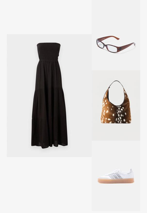 Zwarte strapless maxi-jurk van getextureerde stof, met een smock-bodice en gelaagde roksecties, die een vloeiende silhouet biedt.; Witte lage sneaker met gumzool, zilverkleurige gestreepte zijkanten en veterluiting, afgebeeld tegen een effen lichte achtergrond.; Bruin getinte rechthoekige brillen met een glanzende afwerking, met slanke pootjes en doorzichtige glazen. Logo zichtbaar op de linkertempel.; Bruine en zwarte handtas met witte, gevlekte bonttextuur en een enkele zwarte schouderriem op een effen achtergrond.