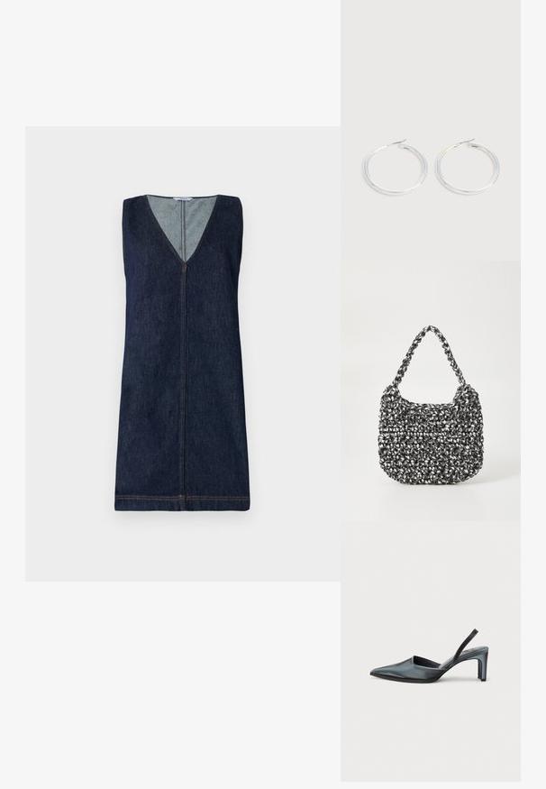 Džínová šatová bezrukávová šaty, tmavomodrá, s véčkovým výstrihom, predný zips, minimálne švy, rovný strih, hladká textura.; Čierny slingback podpätok s špicatou špičkou, hladkým saténovým povrchom a tenkým 3-palcovým podpätkom. Otvorený bočný dizajn s minimálnym šitím.; Tkaná kabelka v čierno-bielej kombinácii s oválnym tvarom, textúrovaným povrchom a pletenou rúčkou. Vhodná na bežné nosenie.; Pár lesklých strieborných kruhových náušníc s tenkými drôtenými zapínaniami, zobrazených na svetlo šedom pozadí.