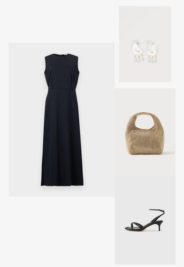 Robe maxi noire sans manches avec corsage ajusté et encolure ronde, présentant un détail superposé subtil à la taille.; Sandale pour femme en cuir noir avec fines lanières, une boucle d'orteil, une boucle à la cheville et un talon aiguille de hauteur moyenne sur un fond neutre.; Petit sac à main doré recouvert de clous ronds brillants avec une poignée courte et une découpe rectangulaire en haut.; Boucles d'oreilles en résine transparente en forme de coquillage avec de petits accents dorés et trois breloques translucides en forme de goutte pendantes sur chaque boucle d'oreille.