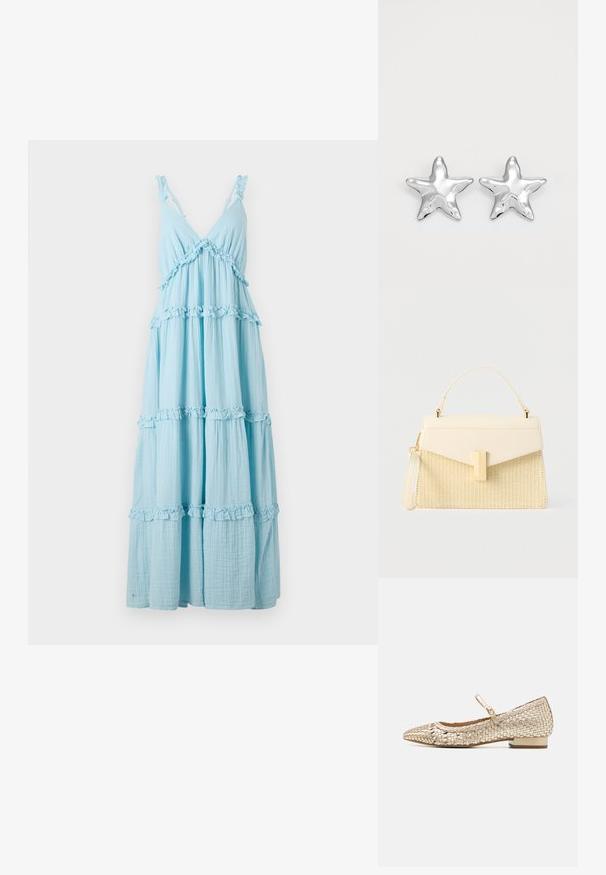 Vestido maxi acampanado de color azul claro, hecho de una tela suave con acentos de volantes y tirantes ajustables. Presenta un escote en V y un diseño fluido.; Bailarinas de cuero tejido en oro con un bajo tacón cuadrado y una correa ajustable en el tobillo. Punta afilada y patrón texturizado en toda la superficie.; Bolso de color crema con textura tejida, cierre rectangular dorado, asa superior y correa de muñeca desmontable sobre un fondo blanco liso.; Pendientes en forma de estrella plateada con una superficie pulida y brillante. Cada pendiente presenta cinco puntas y sutiles detalles de textura en la superficie.