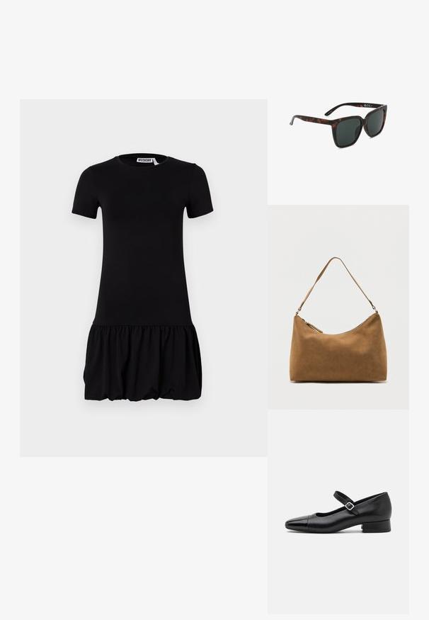 Robe noire à manches courtes avec un corsage ajusté et une jupe évasée et plissée. Matériau doux avec une texture lisse et un col rond.; Chaussures Mary Jane en cuir noir avec un embout en vernis, une sangle cheville réglable et un petit talon carré. Texture lisse et design élégant.; Lunettes de soleil carrées à motif écailles de tortue avec des verres teintés foncés, inclinées vers la droite sur un fond blanc.; Sac à bandoulière en daim marron avec une seule sangle et une fermeture éclair supérieure, présenté sur un fond blanc uni.