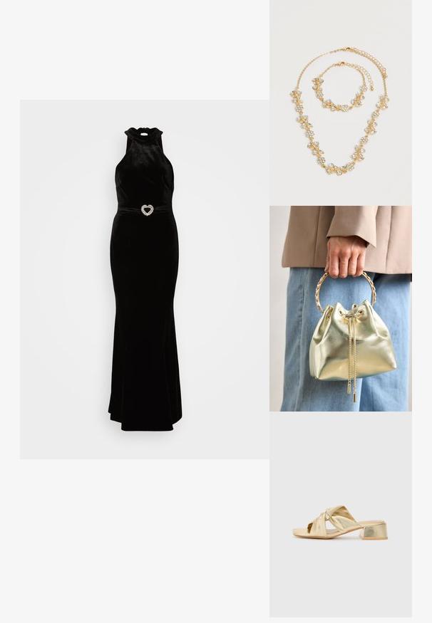 Vestido de terciopelo negro con cuello halter alto y silueta ajustada, que presenta un detalle de cinturón con forma de corazón en strass. Textura suave.; Sandalias deslizantes de cuero dorado con un diseño de parte delantera anudada y un tacón cuadrado grueso. Textura suave con un acabado metálico.; Bolso de hombro metálico dorado con cierre de cordón, que presenta un asa de cadena dorada y dos detalles decorativos de cadena en la parte frontal.; Juego de collar y pulsera en tono dorado con diseños florales y de hojas de cristal claro, ambos con cierres de cadena ajustables sobre un fondo blanco.