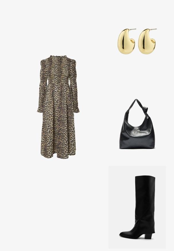 Leopardprint lange mouw jurk met een gesmokte lijfje, hoge halslijn en vloeiende silhouet. Gemaakt van zachte, lichte stof.; Hoge zwarte leren laars met schuine stiksels, puntige neus en stevige hak van gemiddelde hoogte op witte achtergrond.; Zwarte geweven lederen handtas met een slouchy ontwerp, voorzien van een geknoopte schouderband en een kleine decoratieve gouden stud aan de bovenkant.; Gouden studs met een gladde, gepolijste afwerking, in een abstracte, druppelvorm. Eenvoudige metalen achterzijde voor bevestiging.