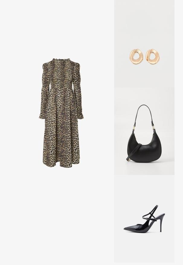 Leopardprint lange mouw jurk met een gesmokte lijfje, hoge halslijn en vloeiende silhouet. Gemaakt van zachte, lichte stof.; Zwart lakleren pumps met spitse neus, hoge naaldhakken en twee smalle verstelbare enkelbandjes, zijaanzicht.; Zwarte leren handtas met een gebogen vorm, uitgerust met een bovenste ritsluiting, een kort handvat en een afneembare schouderband. Gouden hardware accenten.; Set van onregelmatig gevormde, gepolijste hoepel oorbellen van goudkleurig metaal met een open midden op een effen witte achtergrond.