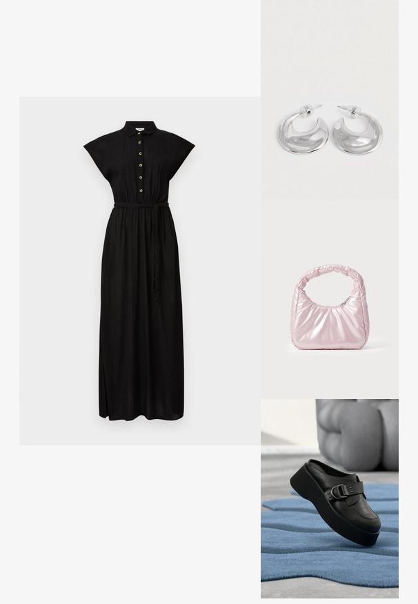 Schwarzes Maxikleid mit einem Kragen, kurzen Kapuzenärmeln, Knopfdetails an der Vorderseite und einem Taillengürtel. Glatter Stoff mit einer lockeren Passform.; Schwarze Leder-Plattform-Mule mit großem Schnallendetail, die auf einem strukturierten, welligen blauen Teppich und einem verschwommenen grauen Hintergrund liegt.; Rosa, gepolsterte Handtasche mit abgerundeter Form, aus glänzendem Material gefertigt. Verfügt über einen gerafften Griff und einen Reißverschluss für sicheren Zugang.; Ein Paar polierte silberne, halbmondförmige Creolen mit klaren Kunststoffrückseiten auf einer weißen Oberfläche.
