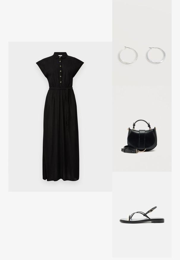 Schwarzes Maxikleid mit einem Kragen, kurzen Kapuzenärmeln, Knopfdetails an der Vorderseite und einem Taillengürtel. Glatter Stoff mit einer lockeren Passform.; Schwarze flache Sandale mit dünnen Riemen, goldfarbenem Zehenring-Detail und verstellbarer Knöchelriemenschließe, vor weißem Hintergrund präsentiert.; Schwarze Lederhandtasche mit geschwungener Silhouette, goldenen Akzenten und abnehmbarem Riemen. Verfügt über einen oberen Griff und vertikale Nahtdetails.; Silberne Metallcreolen mit glatter, leicht gebogener Oberfläche und Klappverschluss vor schlicht weißem Hintergrund.