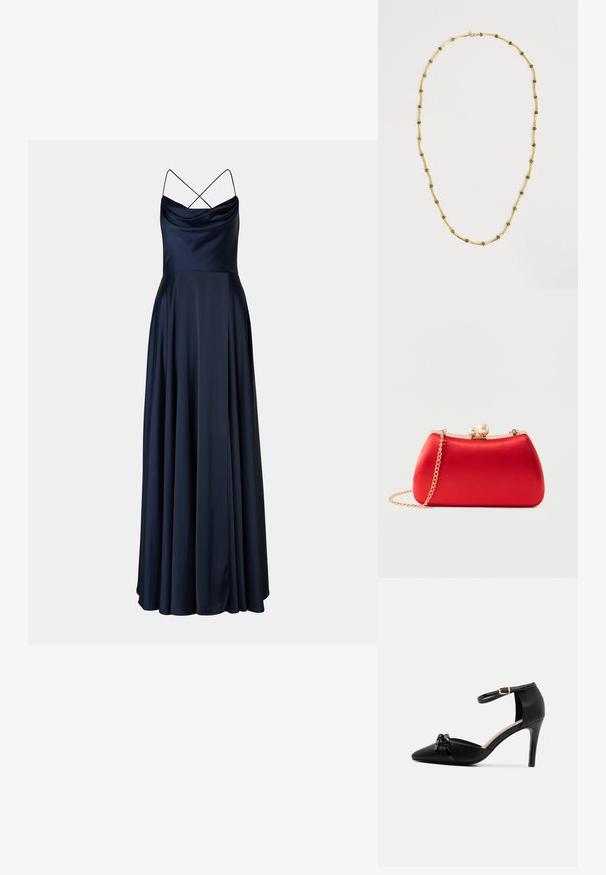 Marineblauwe satijnen avondjurk met een cowl-nek, dunne kruislingse bandjes en een vloeiende, volle rok. Gladde textuur en elegante silhouet.; Zwarte leren hoge hak schoenen met een puntige neus, enkelbandje en gouden gesp, met een glanzend strikdetail op de voorkant.; Rode satijnen avondclutch met gouden frame, parel sluiting en gouden kettingriem op een witte achtergrond.; Gouden ketting met gelijkmatig verdeelde kleine groene stenen kralen op een lichte, neutrale achtergrond.